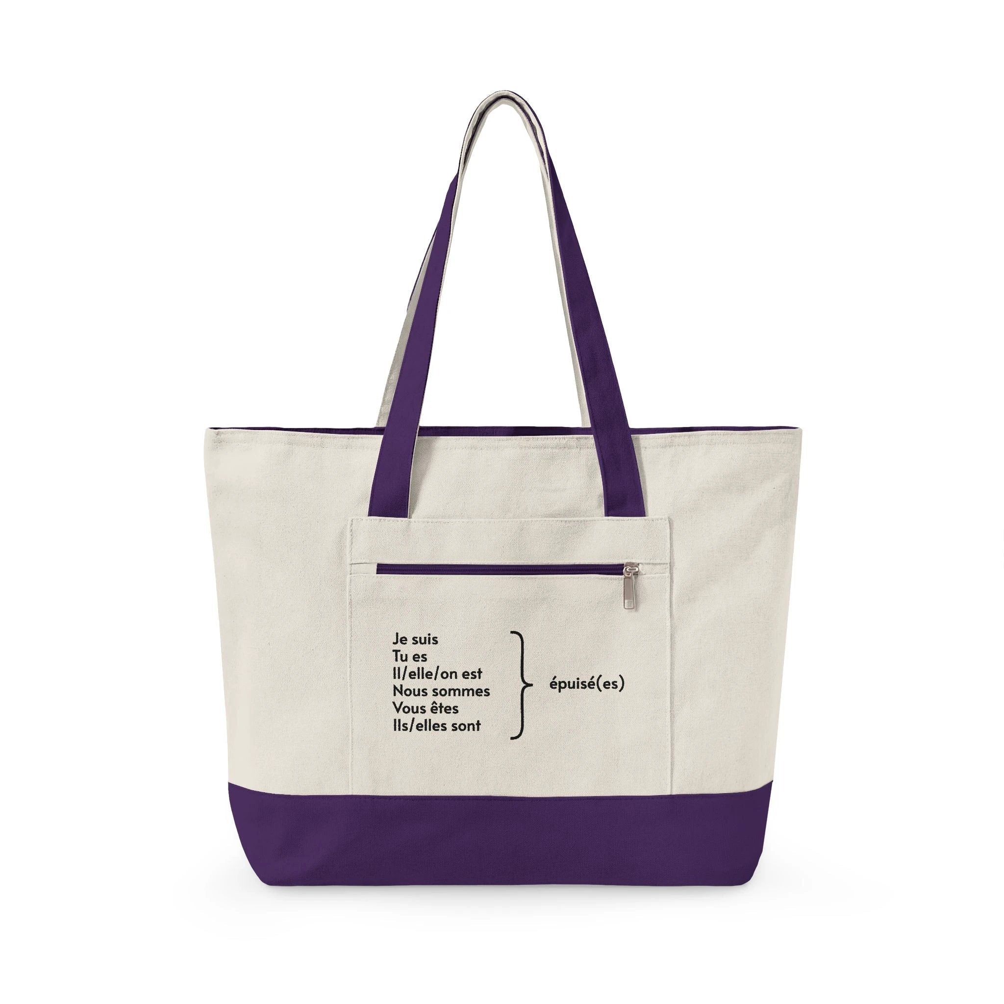 Je suis épuisée Zippered Canvas Tote, French Phrase Cotton Zip Bag