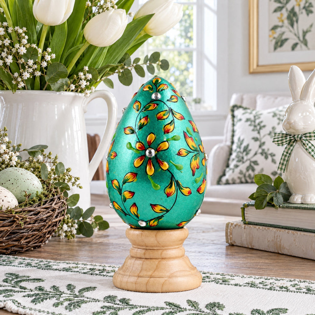 Jeweled Green Flowers Wooden Easter Egg Easter Eggs > Wooden > Singles La Vie Bien Jeweled Green Flowers Wooden Easter Egg