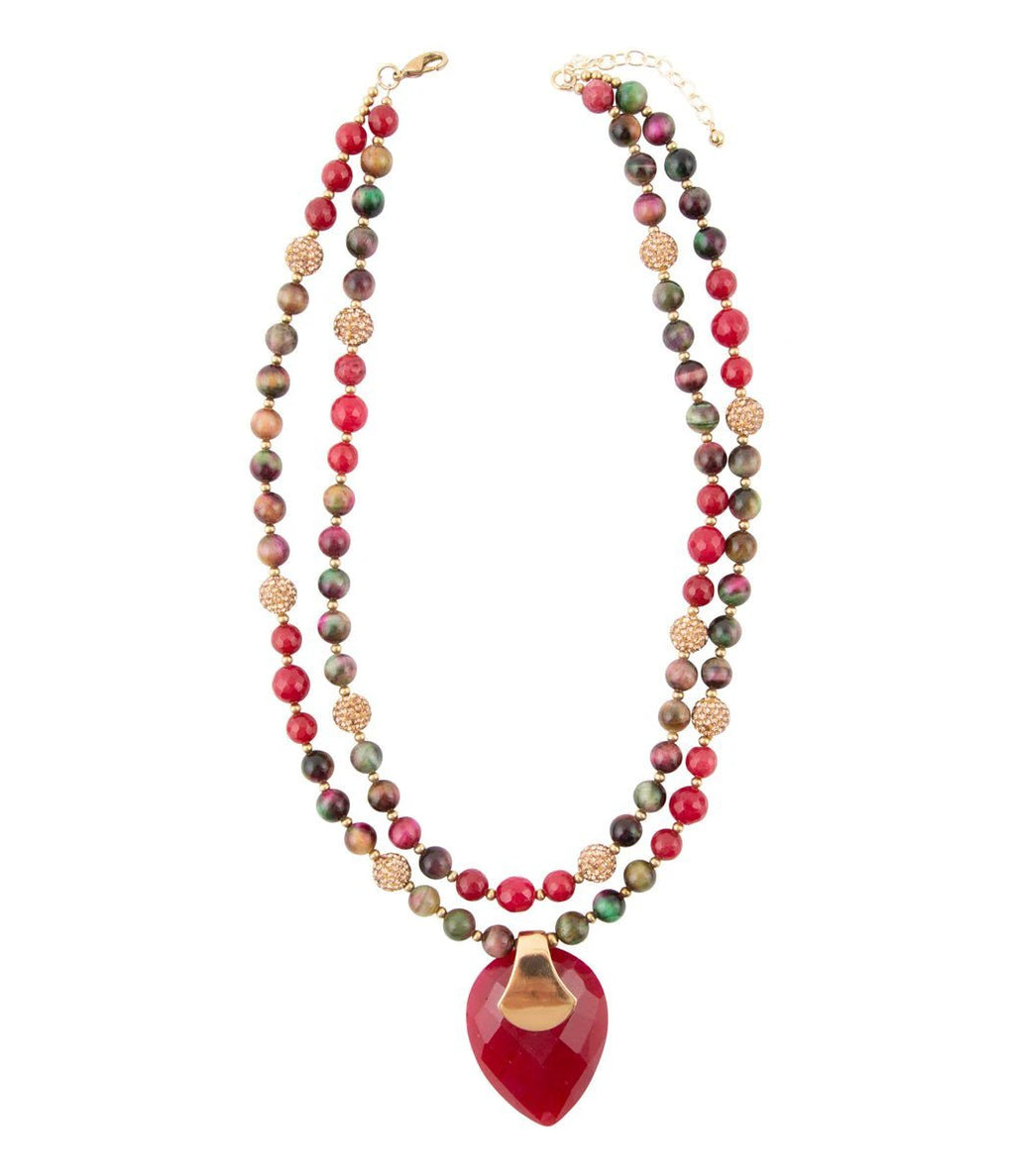 Jeweled Multi-Color Tiger's Eye and Rasberry Quartz Pendant Golden Necklace by Barse Jewelry