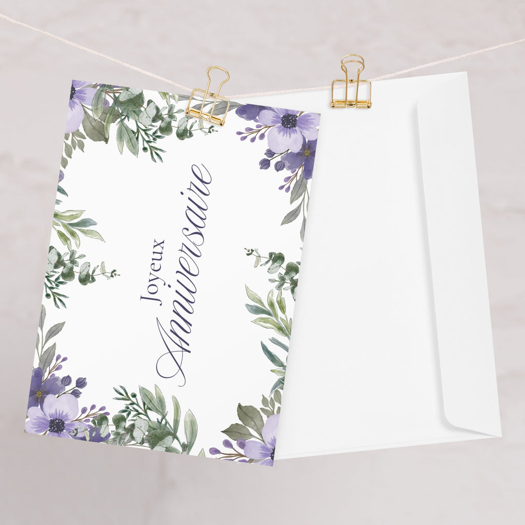 Joyeux anniversaire French Happy Anniversary Greeting card, purple and green elegant floral border design, envelope included Greeting card La Vie Bien Joyeux anniversaire French Happy Anniversary Greeting card, purple and green elegant floral border design, envelope included
