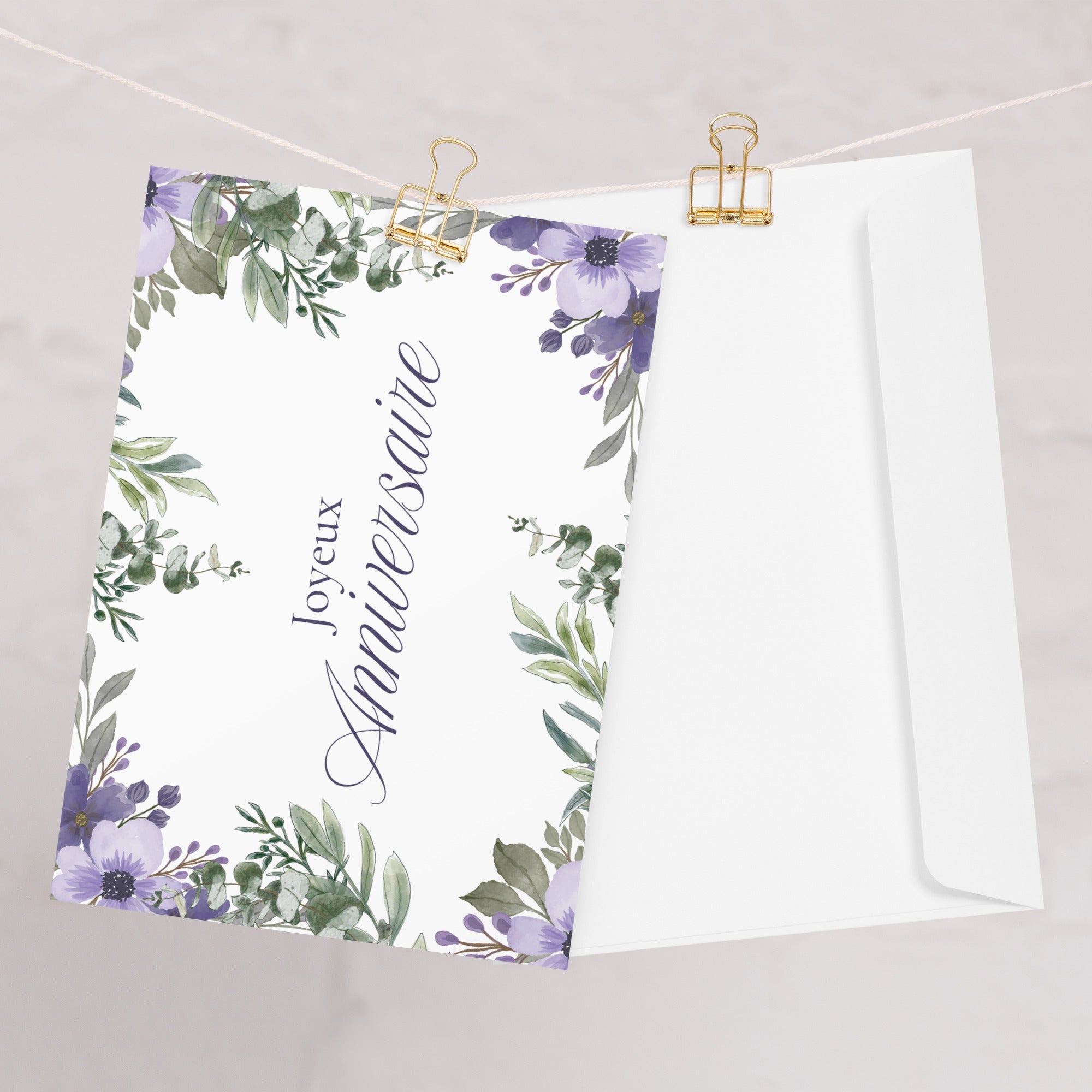 Joyeux anniversaire French Happy Anniversary Greeting card, purple and green elegant floral border design, envelope included Greeting card La Vie Bien Joyeux anniversaire French Happy Anniversary Greeting card, purple and green elegant floral border design, envelope included