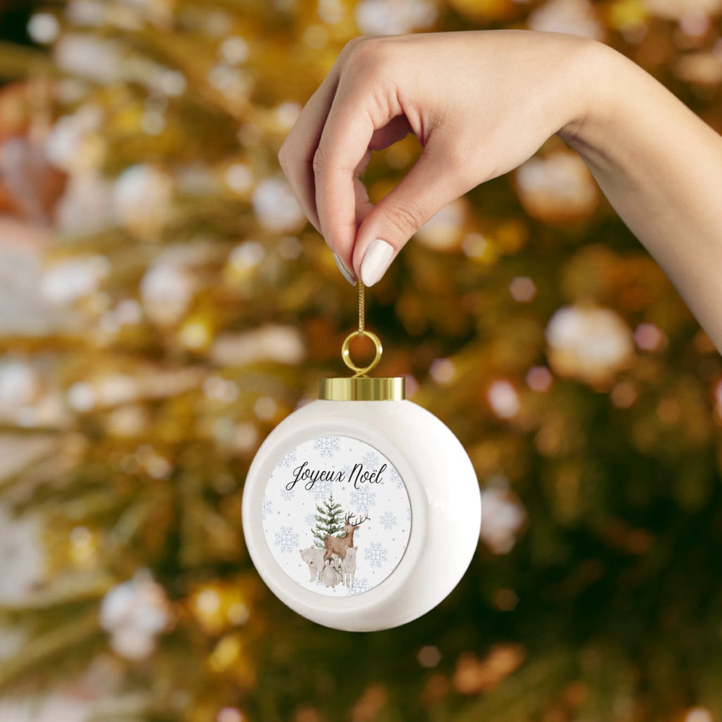 Joyeux Noël Woodland Deer Ornament, Christmas Ball Ornament by Printify