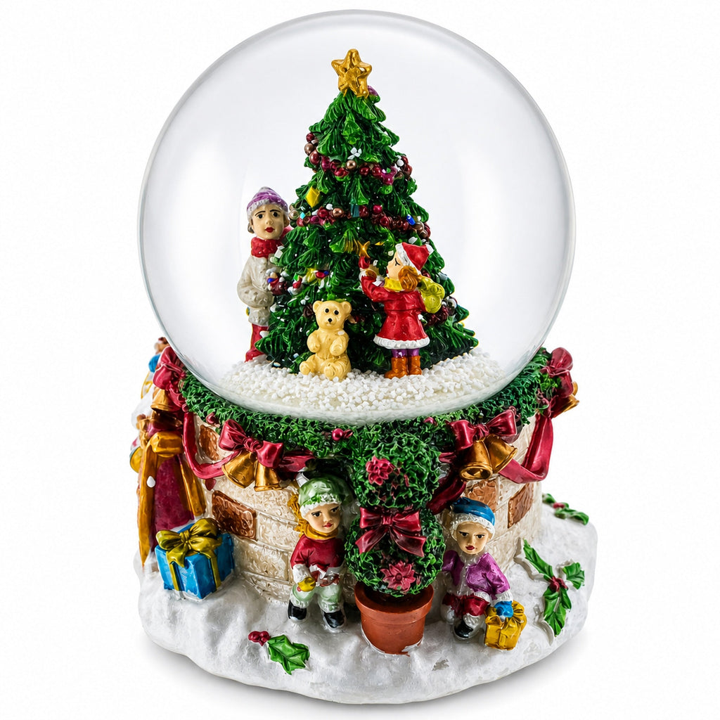 Joyful Children Adorning Christmas Tree: Musical Water Snow Globe Snow Globes > Winter Villages La Vie Bien Joyful Children Adorning Christmas Tree: Musical Water Snow Globe
