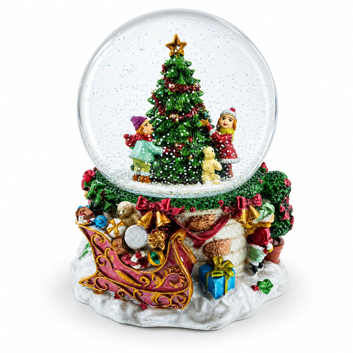 Joyful Children Adorning Christmas Tree: Musical Water Snow Globe Snow Globes > Winter Villages La Vie Bien Joyful Children Adorning Christmas Tree: Musical Water Snow Globe