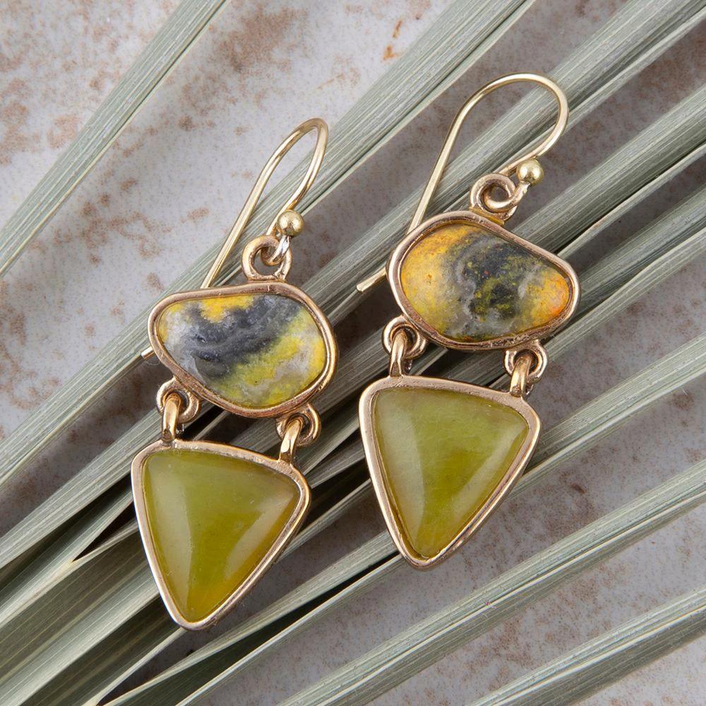 Hinged Yellow Bumblebee Jasper Golden Drop Earrings by Barse Jewelry