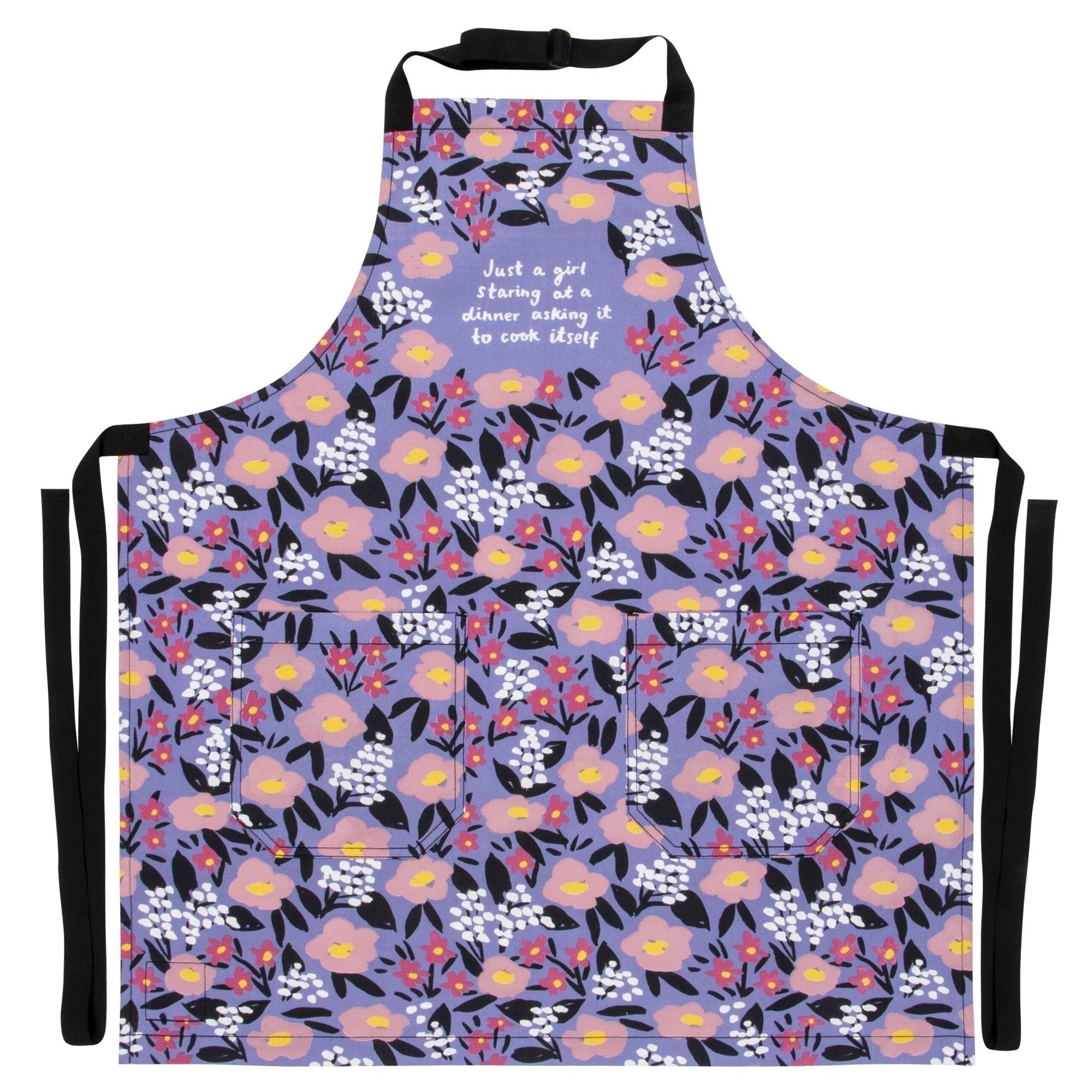 Just A Girl Staring At A Dinner Asking It To Cook Itself Funny Cooking and BBQ Apron 2 Pockets Adjustable Strap 100% Cotton | Gift for Her by The Bullish Store