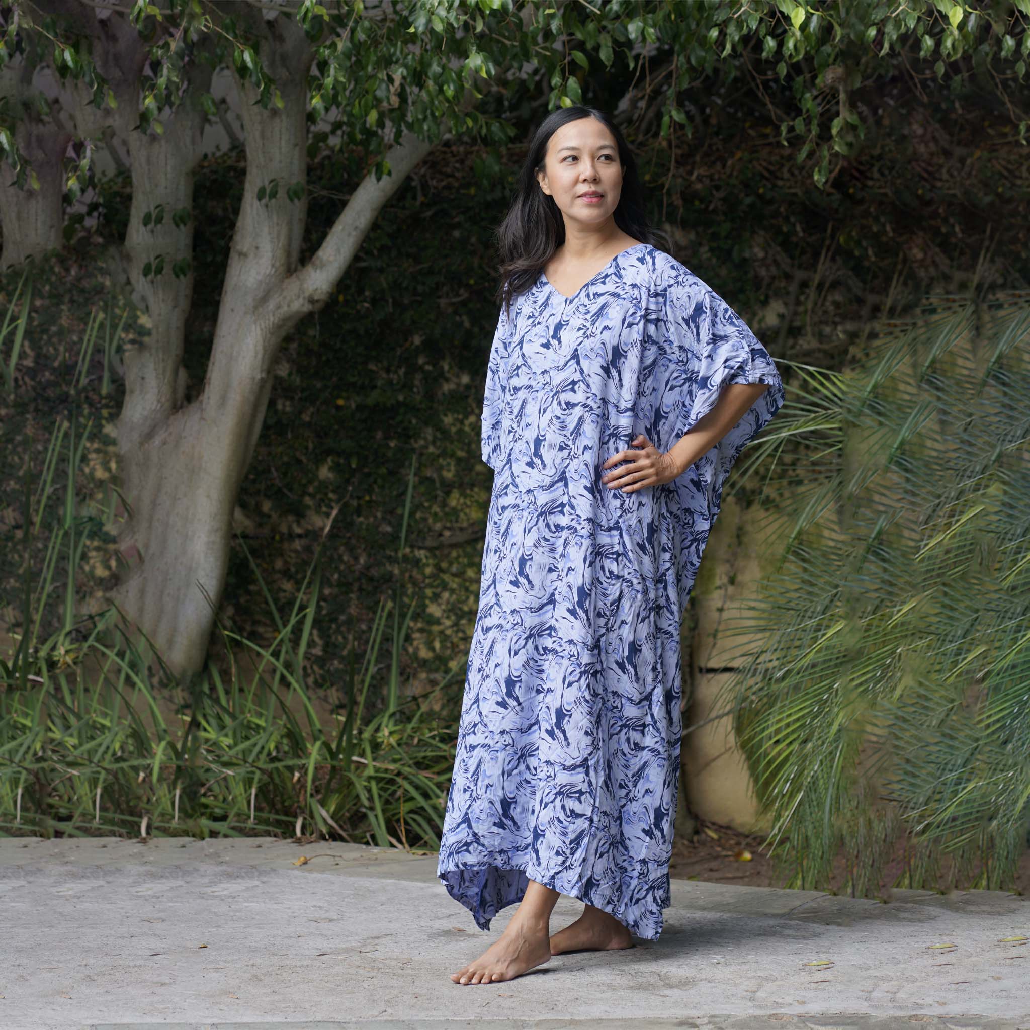 Kaftan Dress Rayon Blue Marble Lightweight Dress La Vie Bien Kaftan Dress Rayon Blue Marble Lightweight
