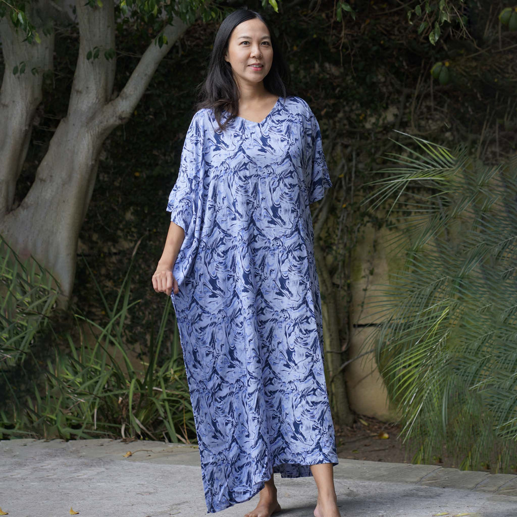 Kaftan Dress Rayon Blue Marble Lightweight Dress La Vie Bien Kaftan Dress Rayon Blue Marble Lightweight