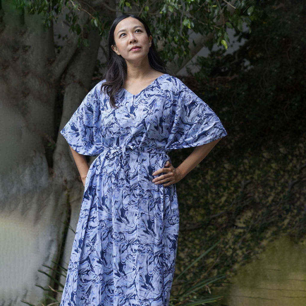 Kaftan Dress Rayon Blue Marble Lightweight Dress La Vie Bien Kaftan Dress Rayon Blue Marble Lightweight