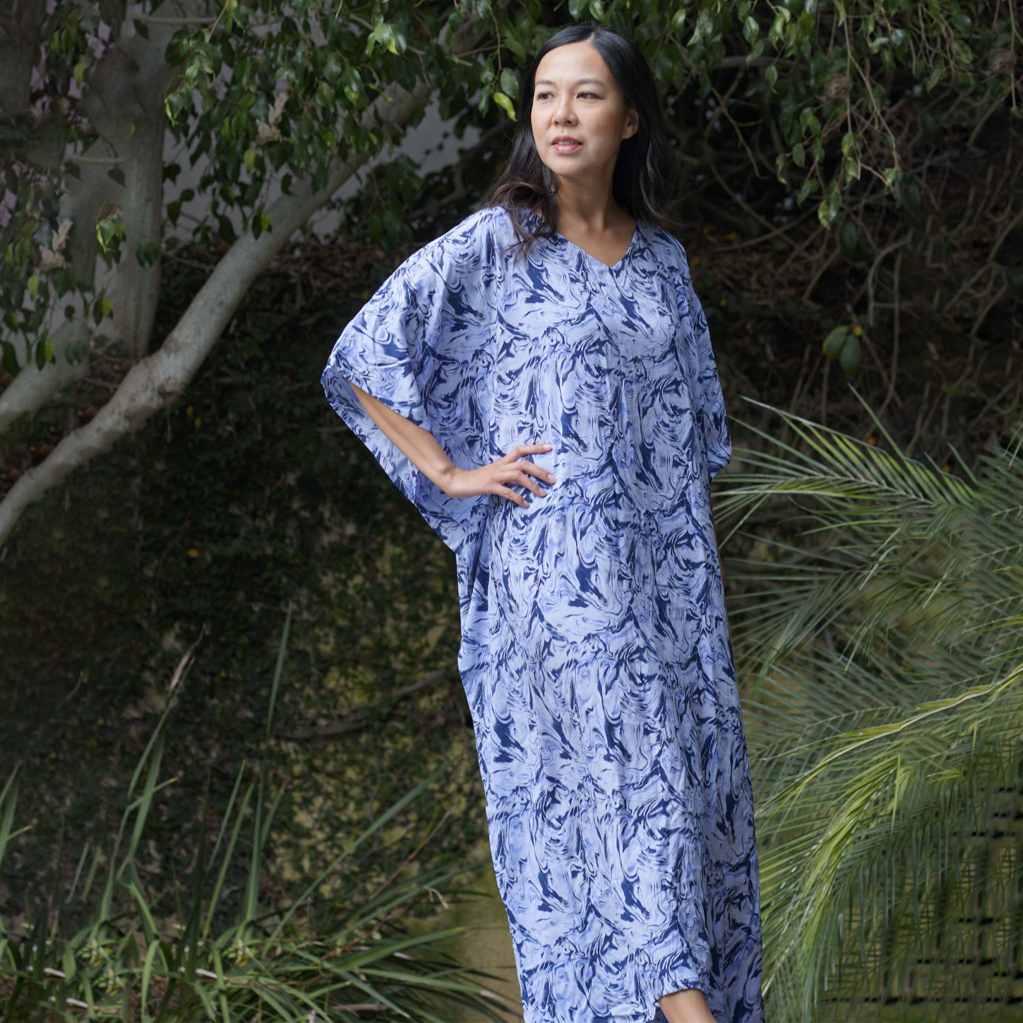 Kaftan Dress Rayon Blue Marble Lightweight Dress La Vie Bien Kaftan Dress Rayon Blue Marble Lightweight
