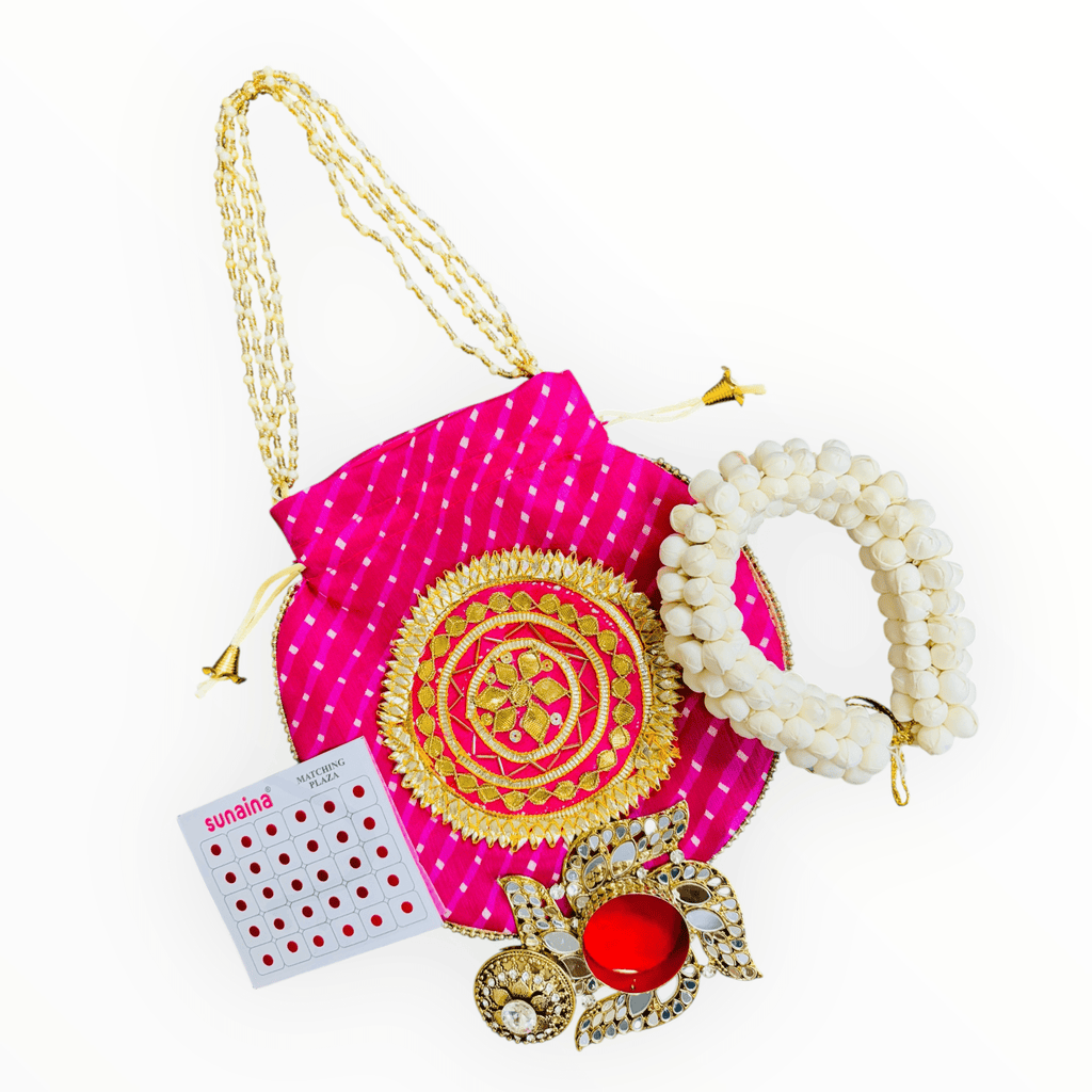 Karwachauth Gift Combo - Reusable Gajra, Sindoor Dibbi, Bindi & Gota Potli La Vie Bien Karwachauth Gift Combo - Reusable Gajra, Sindoor Dibbi, Bindi & Gota Potli