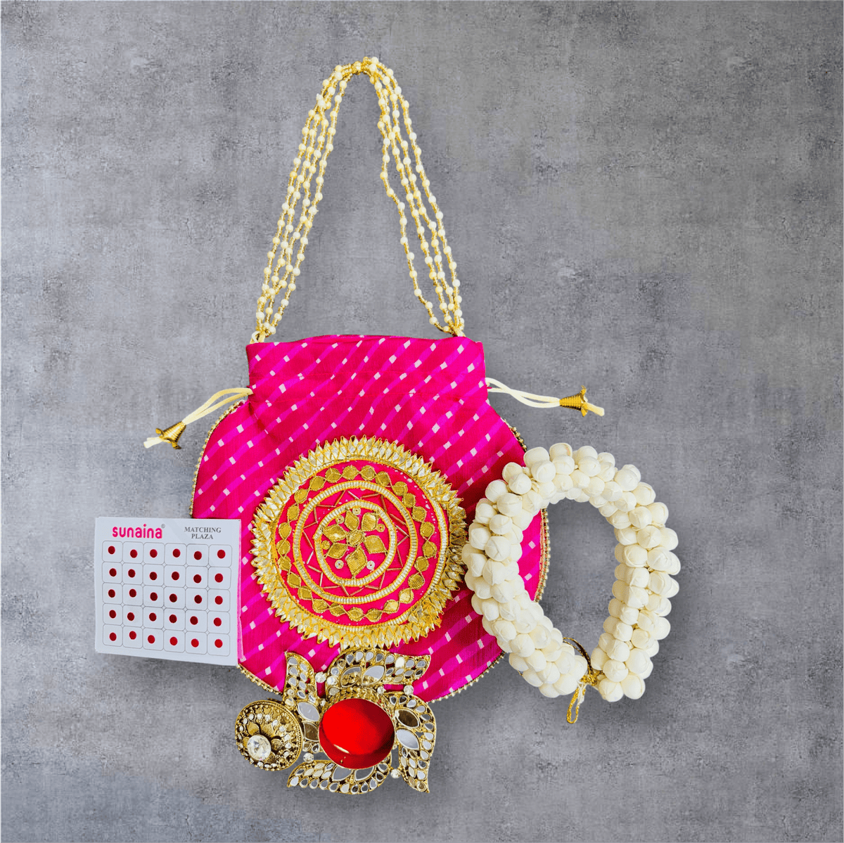 Karwachauth Gift Combo - Reusable Gajra, Sindoor Dibbi, Bindi & Gota Potli La Vie Bien Karwachauth Gift Combo - Reusable Gajra, Sindoor Dibbi, Bindi & Gota Potli