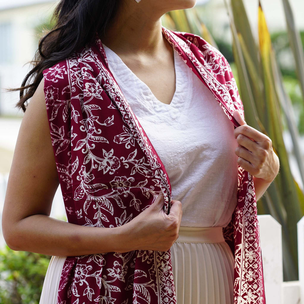 Handmade Batik Scarf, soft Cotton, Red White Cherish, Burgundy