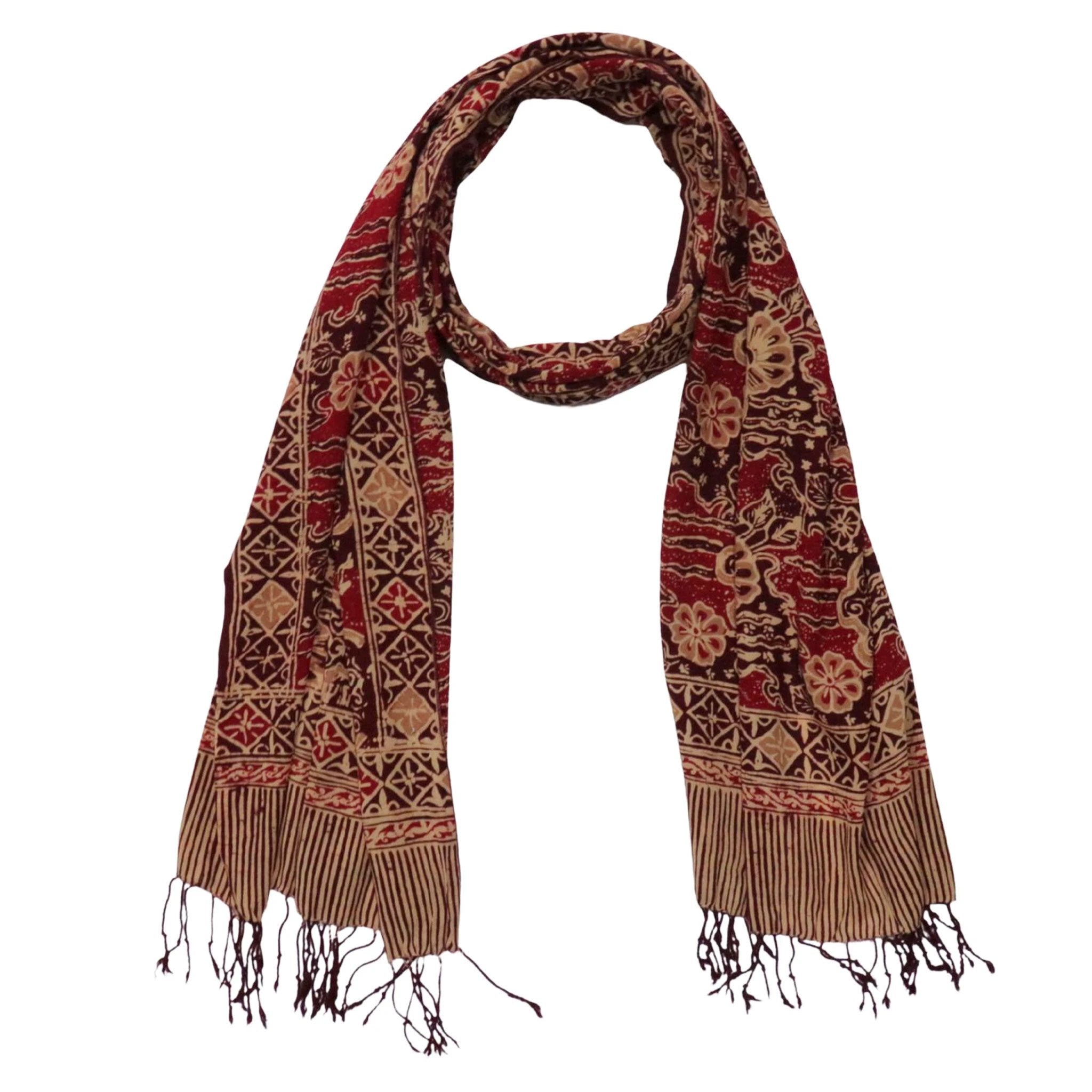 Handmade Batik Scarf, Soft Cotton, Sunlit Garden, Red Burgundy by Kasih Co-op
