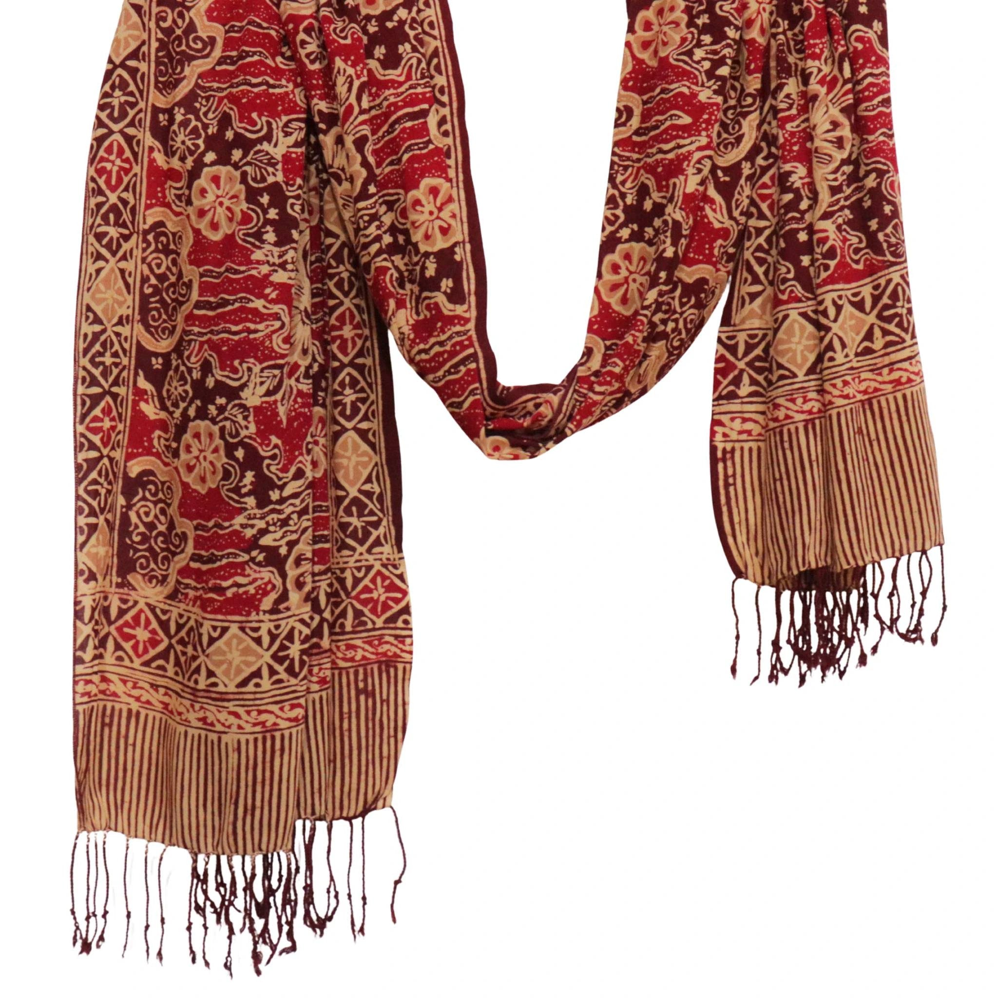 Handmade Batik Scarf, Soft Cotton, Sunlit Garden, Red Burgundy by Kasih Co-op