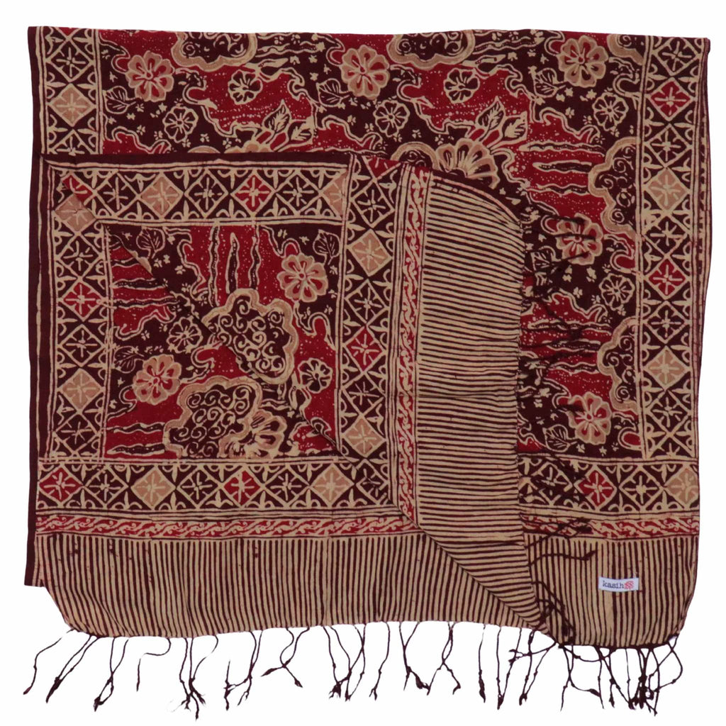 Handmade Batik Scarf, Soft Cotton, Sunlit Garden, Red Burgundy by Kasih Co-op