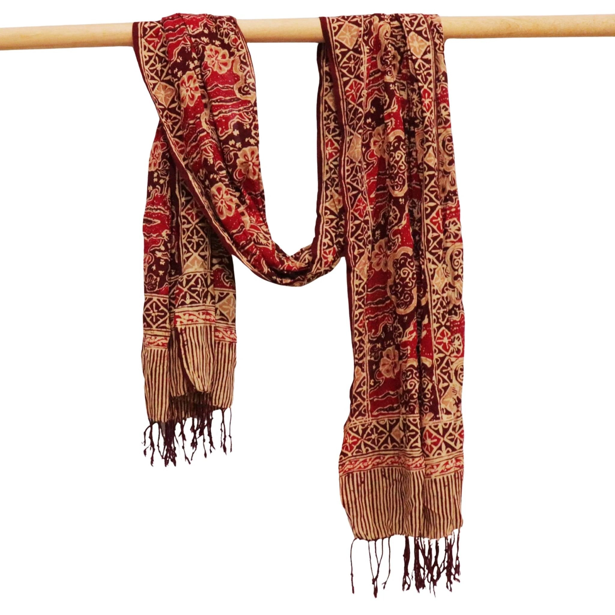 Handmade Batik Scarf, Soft Cotton, Sunlit Garden, Red Burgundy by Kasih Co-op