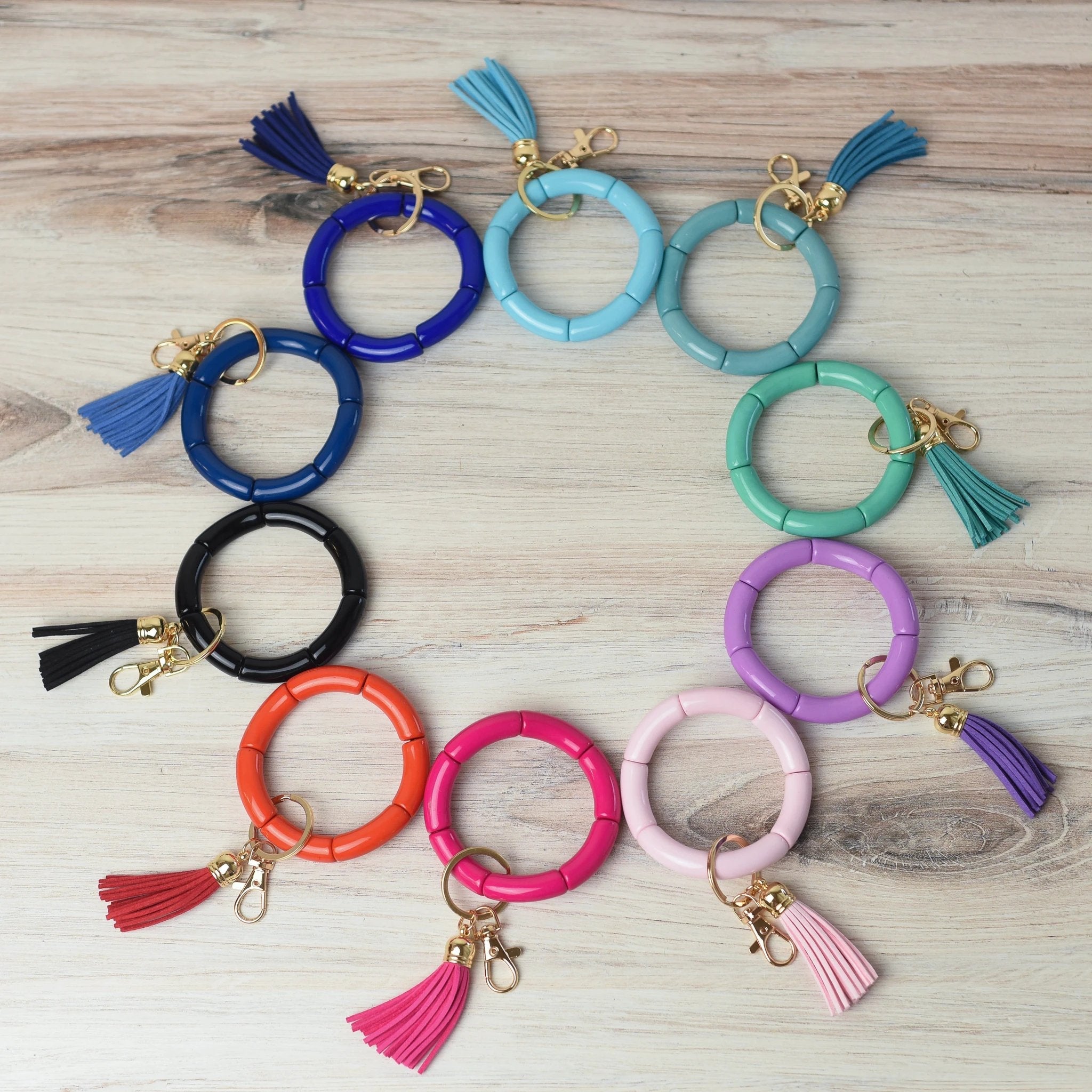 Katie Tube Bead Stretch Bracelet with Tassel and Keychain by Lemons and Limes Boutique