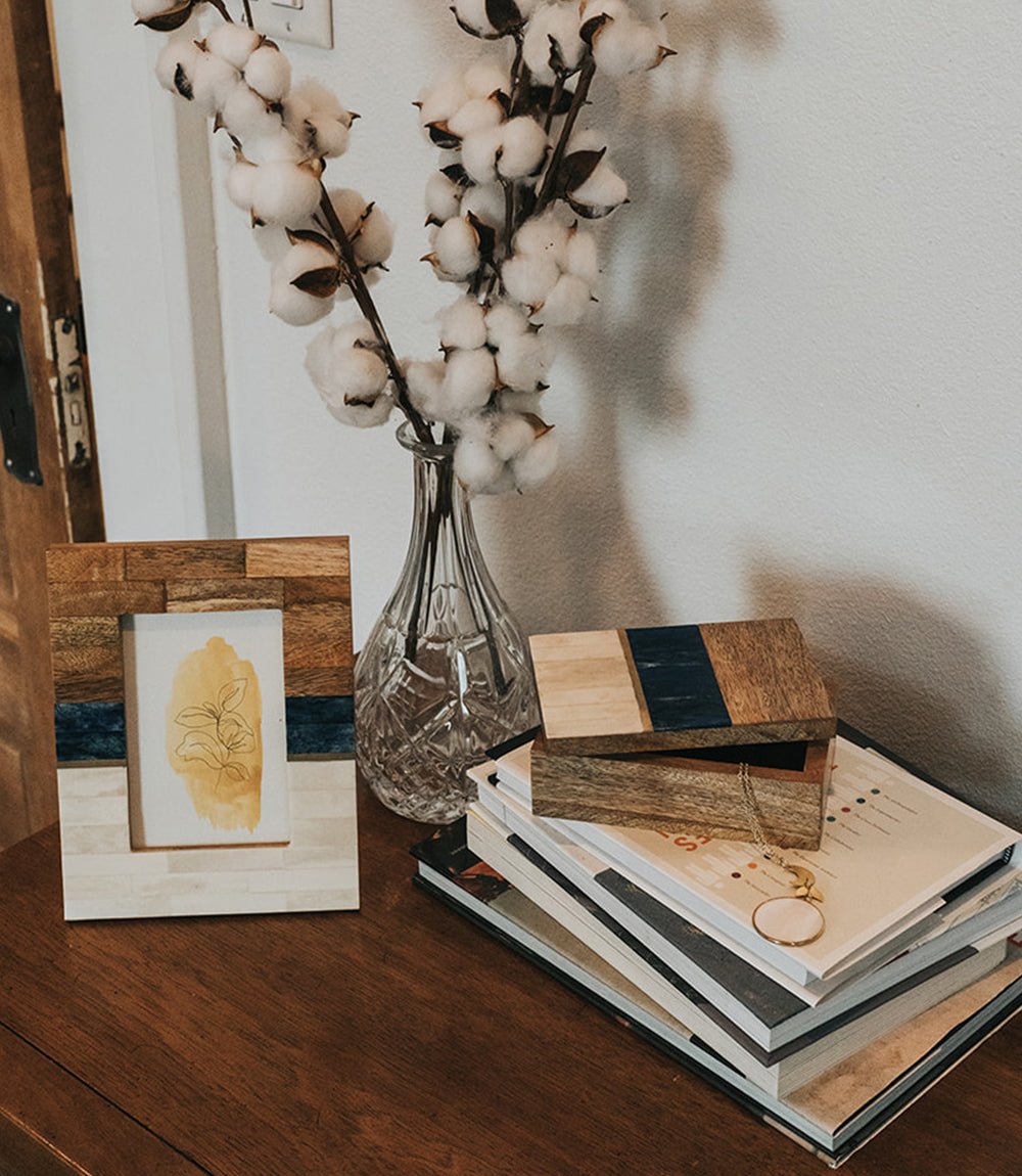 Kaveri 4x6 Natural, Blue, Brown Picture Frame - Carved Bone, Wood HME stock line La Vie Bien Kaveri 4x6 Natural, Blue, Brown Picture Frame - Carved Bone, Wood