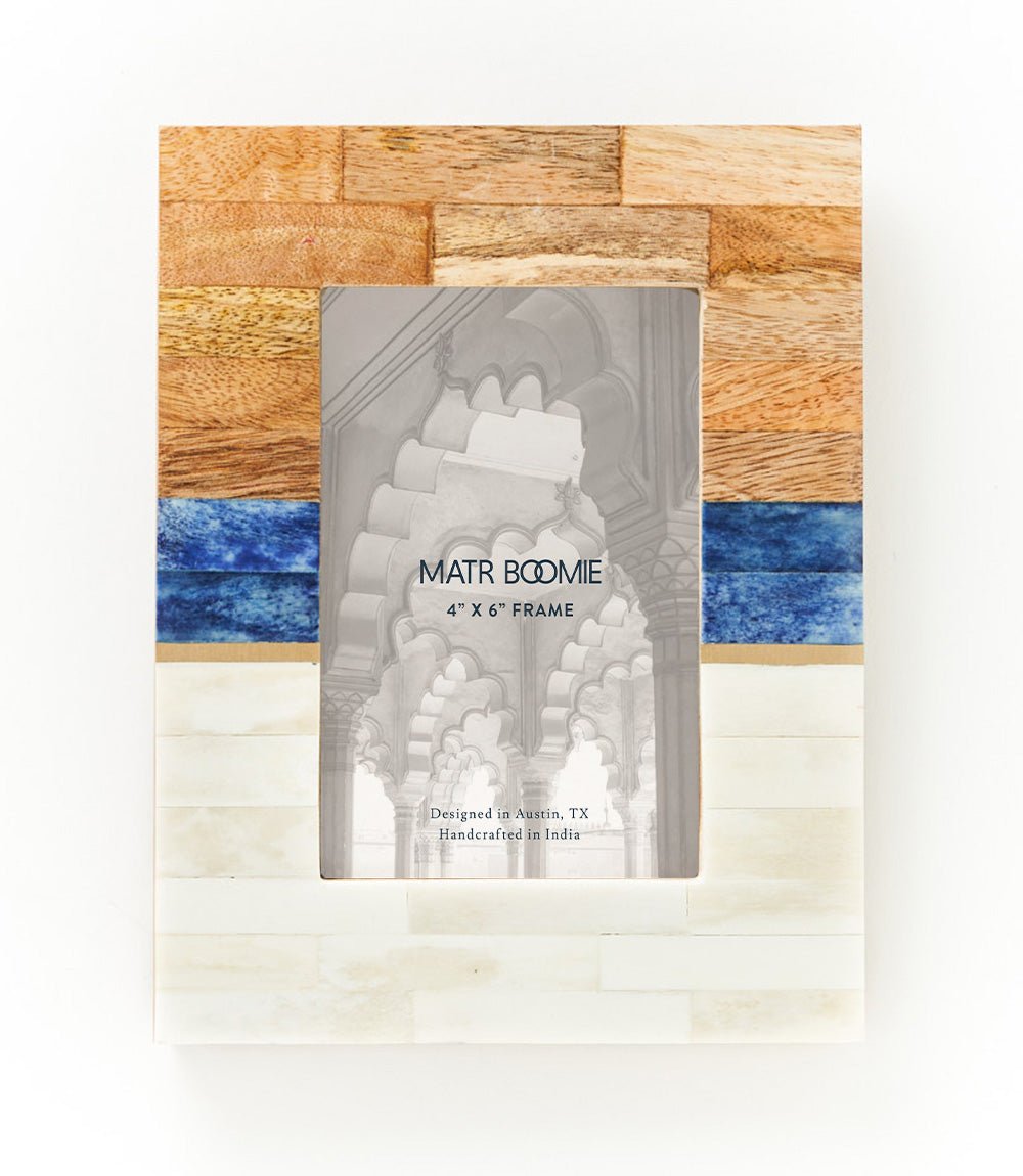 Kaveri 4x6 Natural, Blue, Brown Picture Frame - Carved Bone, Wood HME stock line La Vie Bien Kaveri 4x6 Natural, Blue, Brown Picture Frame - Carved Bone, Wood