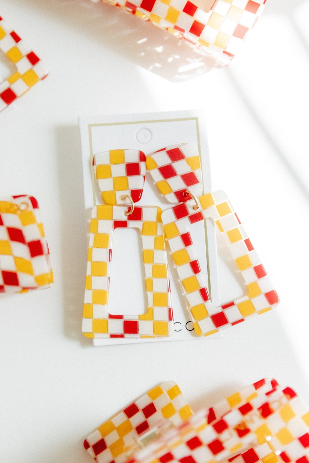 Kennedy Statement Earrings - Red and Gold Checkered
