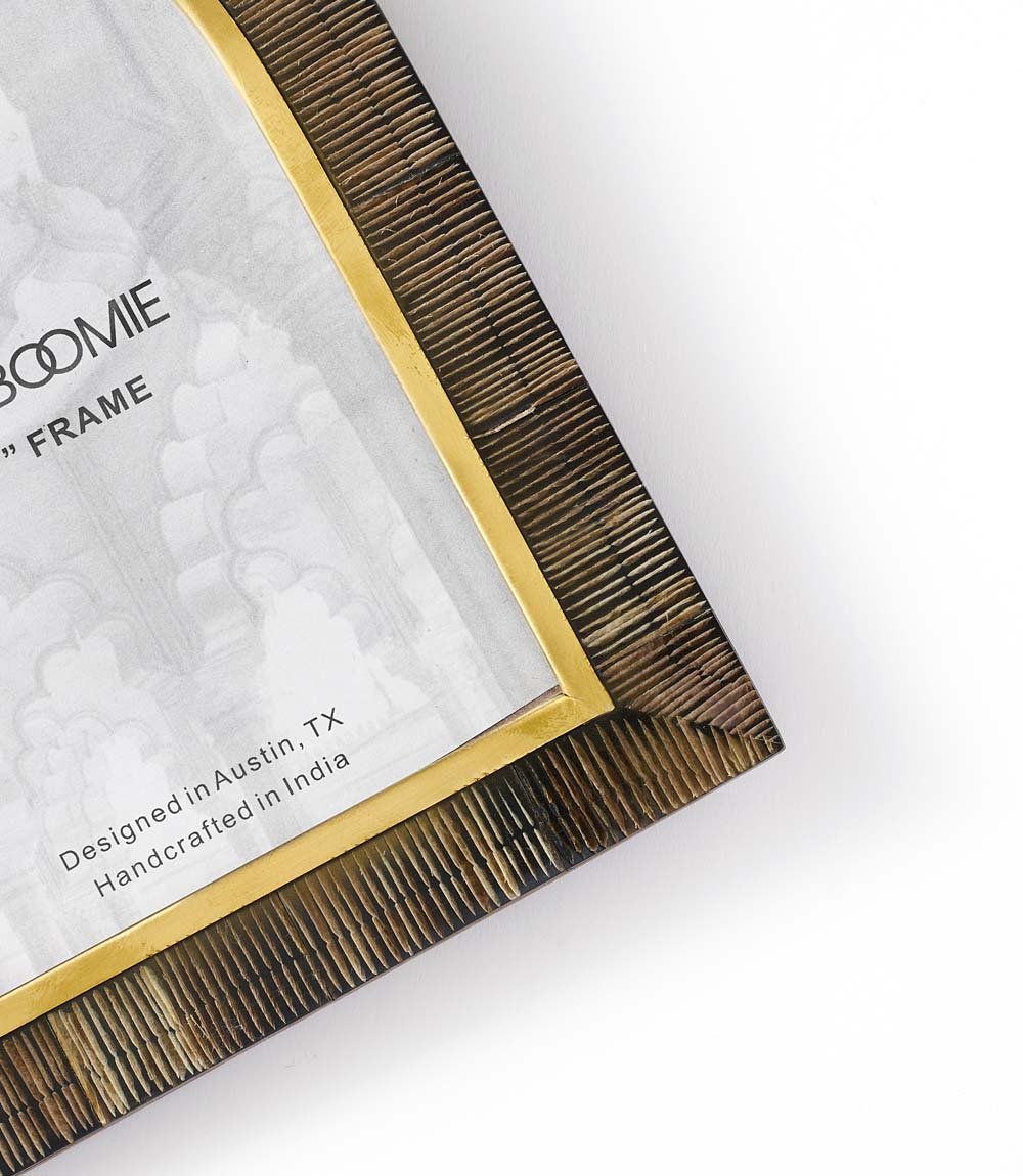 Kerala 5x7 Arch Picture Frame - Carved Horn, Brass Inlay HME stock line La Vie Bien Kerala 5x7 Arch Picture Frame - Carved Horn, Brass Inlay