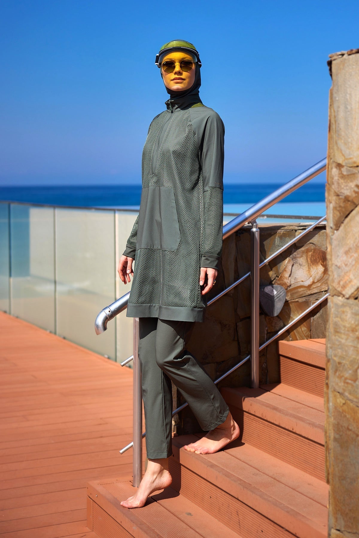 Khaki Full Coverage Tulle Detail Modest Swimwear Burkini Set M2534-3 Covered Burkini Swimwear La Vie Bien Khaki Full Coverage Tulle Detail Modest Swimwear Burkini Set M2534-3