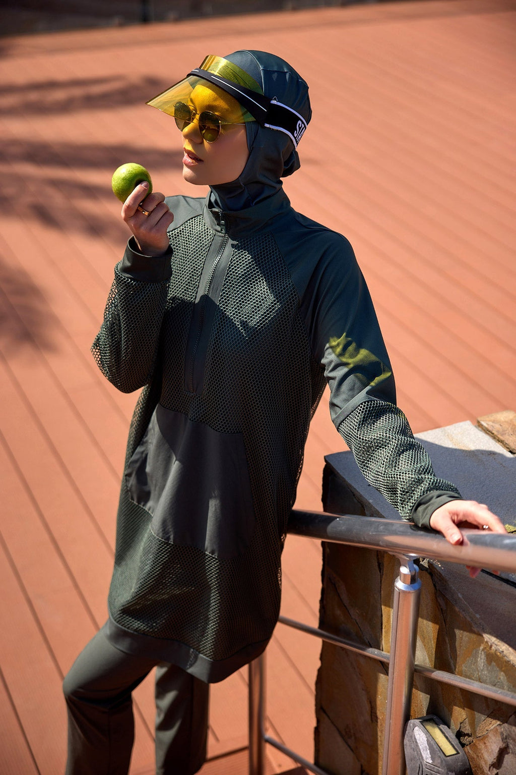 Khaki Full Coverage Tulle Detail Modest Swimwear Burkini Set M2534-3 Covered Burkini Swimwear La Vie Bien Khaki Full Coverage Tulle Detail Modest Swimwear Burkini Set M2534-3