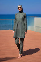 Khaki Full Coverage Tulle Detail Modest Swimwear Burkini Set M2534-3 Covered Burkini Swimwear La Vie Bien Khaki Full Coverage Tulle Detail Modest Swimwear Burkini Set M2534-3