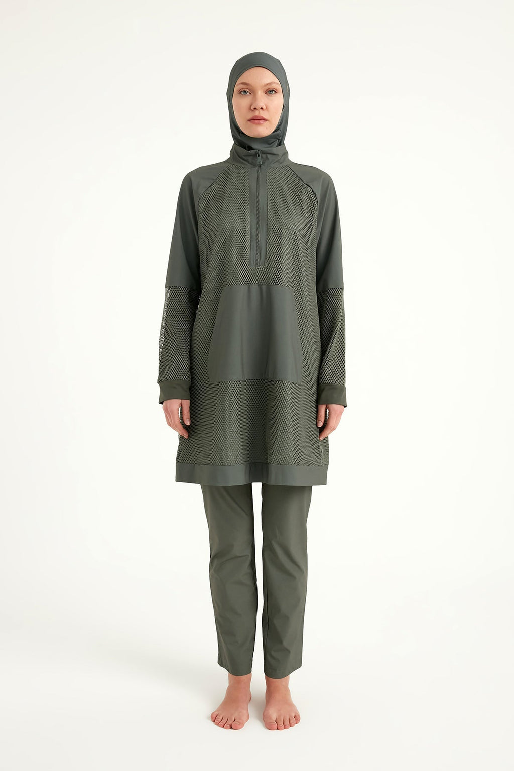 Khaki Full Coverage Tulle Detail Modest Swimwear Burkini Set M2534-3 Covered Burkini Swimwear La Vie Bien Khaki Full Coverage Tulle Detail Modest Swimwear Burkini Set M2534-3
