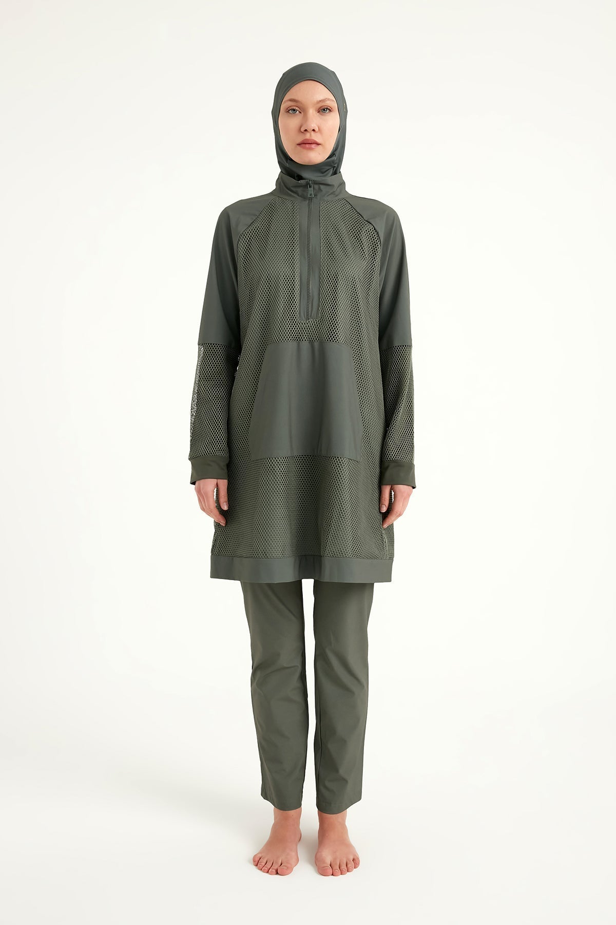 Khaki Full Coverage Tulle Detail Modest Swimwear Burkini Set M2534-3 Covered Burkini Swimwear La Vie Bien Khaki Full Coverage Tulle Detail Modest Swimwear Burkini Set M2534-3