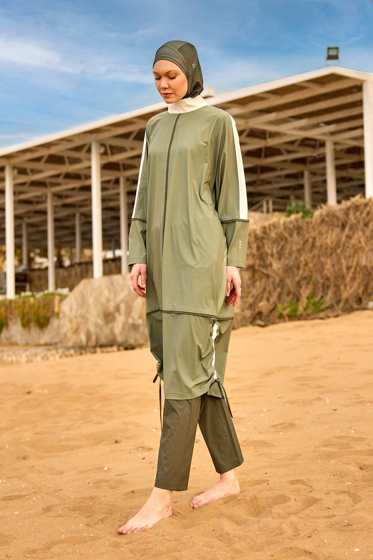 Khaki Modest Full Coverage Swimsuit – Islamic Burkini Set | M2521-1 Covered Burkini Swimwear La Vie Bien Khaki Modest Full Coverage Swimsuit – Islamic Burkini Set | M2521-1
