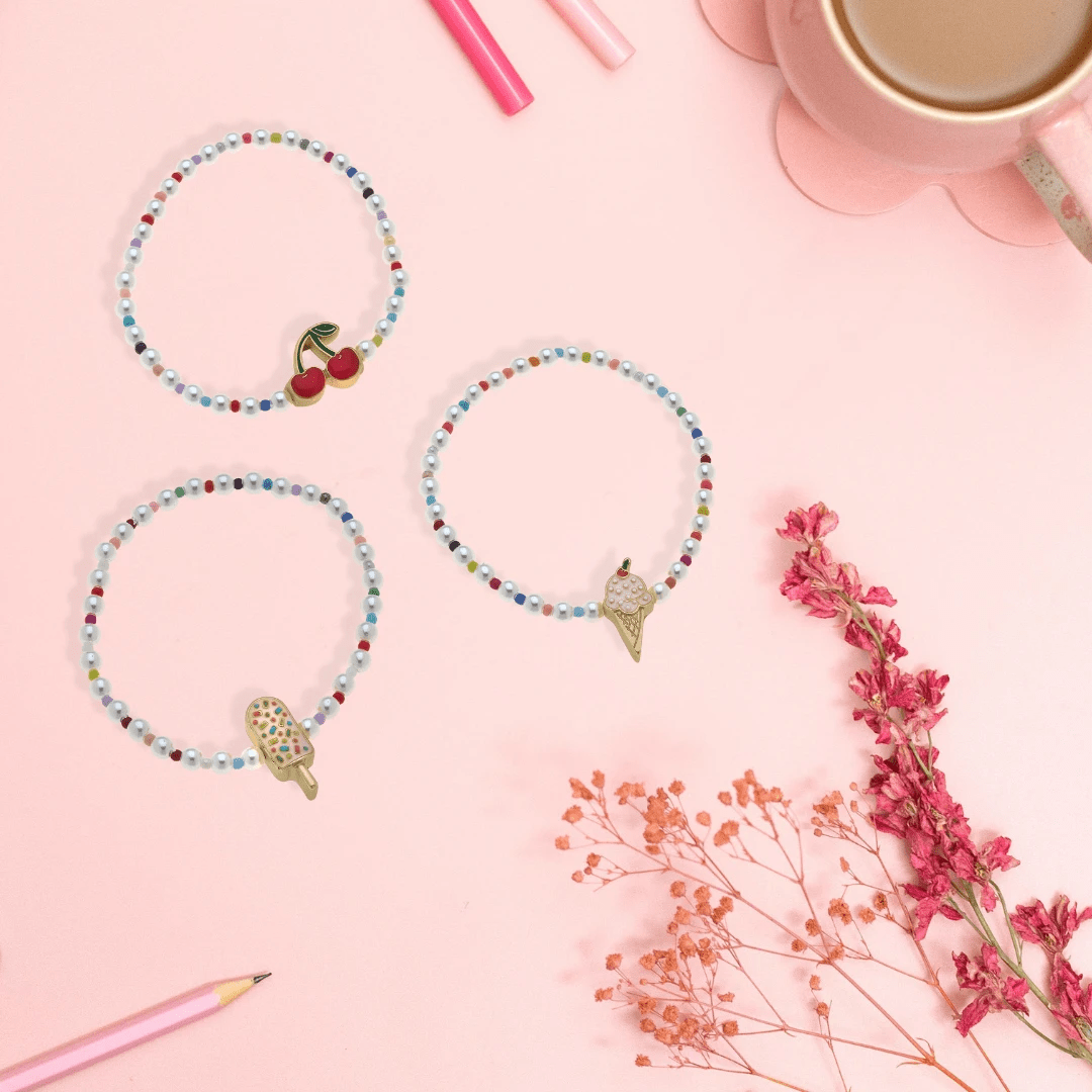 Kids Samantha Pearl Beaded Children's Bracelet with Cute Charm | Popsicle, Ice Cream, or Cherries by The Bullish Store