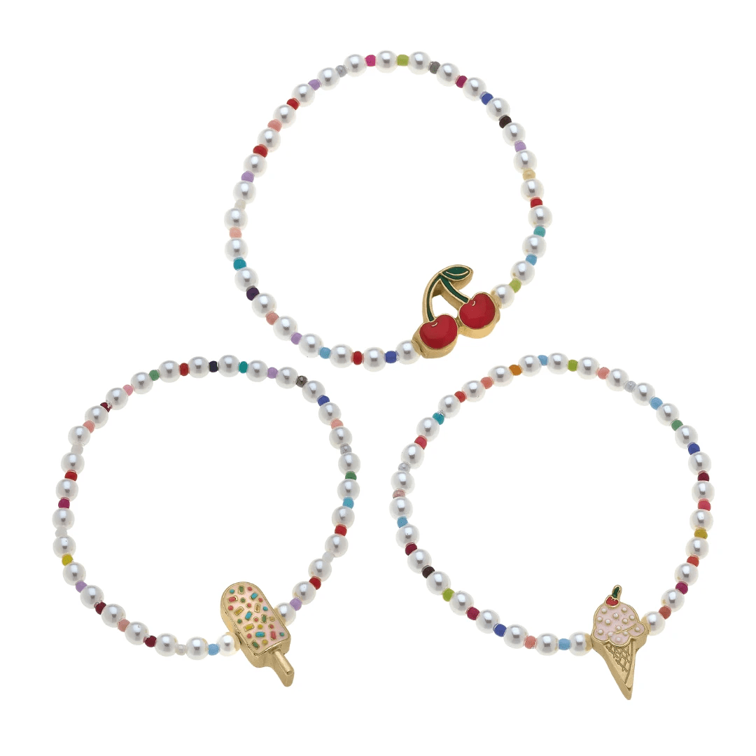 Kids Samantha Pearl Beaded Children's Bracelet with Cute Charm | Popsicle, Ice Cream, or Cherries by The Bullish Store