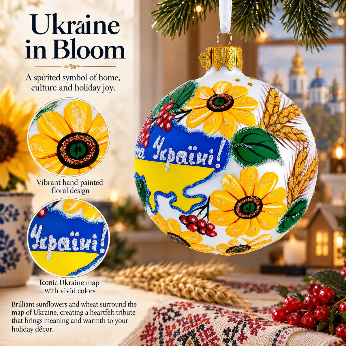 National Map of Ukraine Glass Ball Christmas Ornament 4 Inches