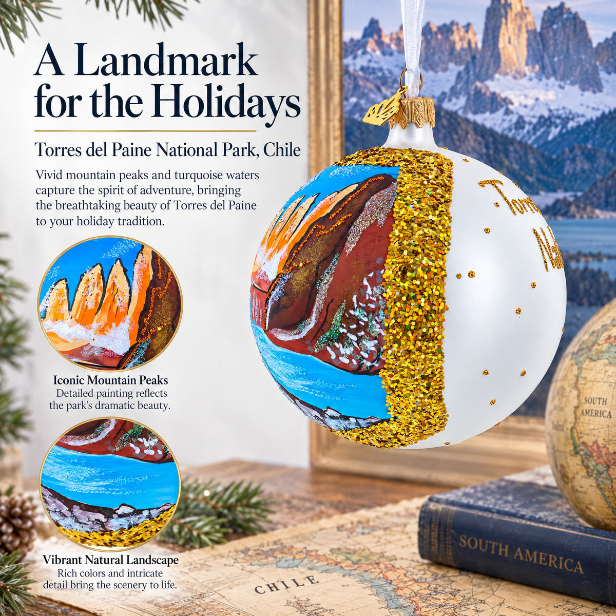 Torres del Paine National Park, Chile Glass Christmas Ornament
