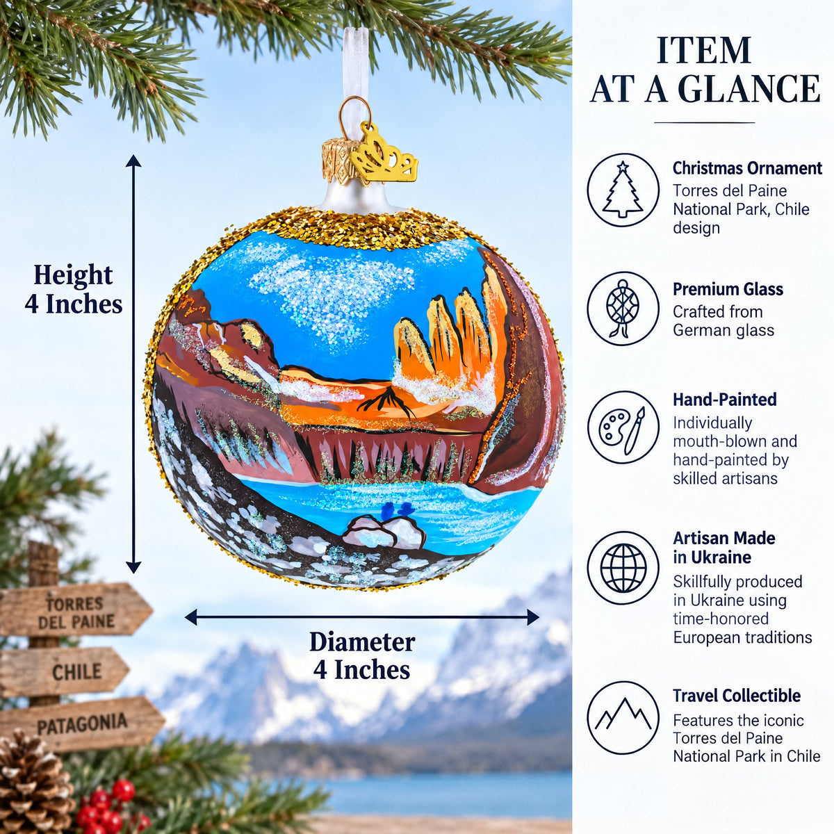 Torres del Paine National Park, Chile Glass Christmas Ornament