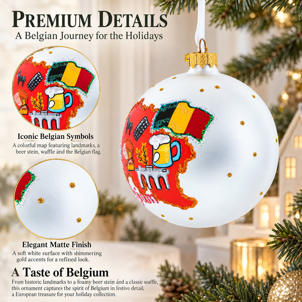 Belgium Landmarks and Symbols Glass Ball Christmas Ornament 4 Inches