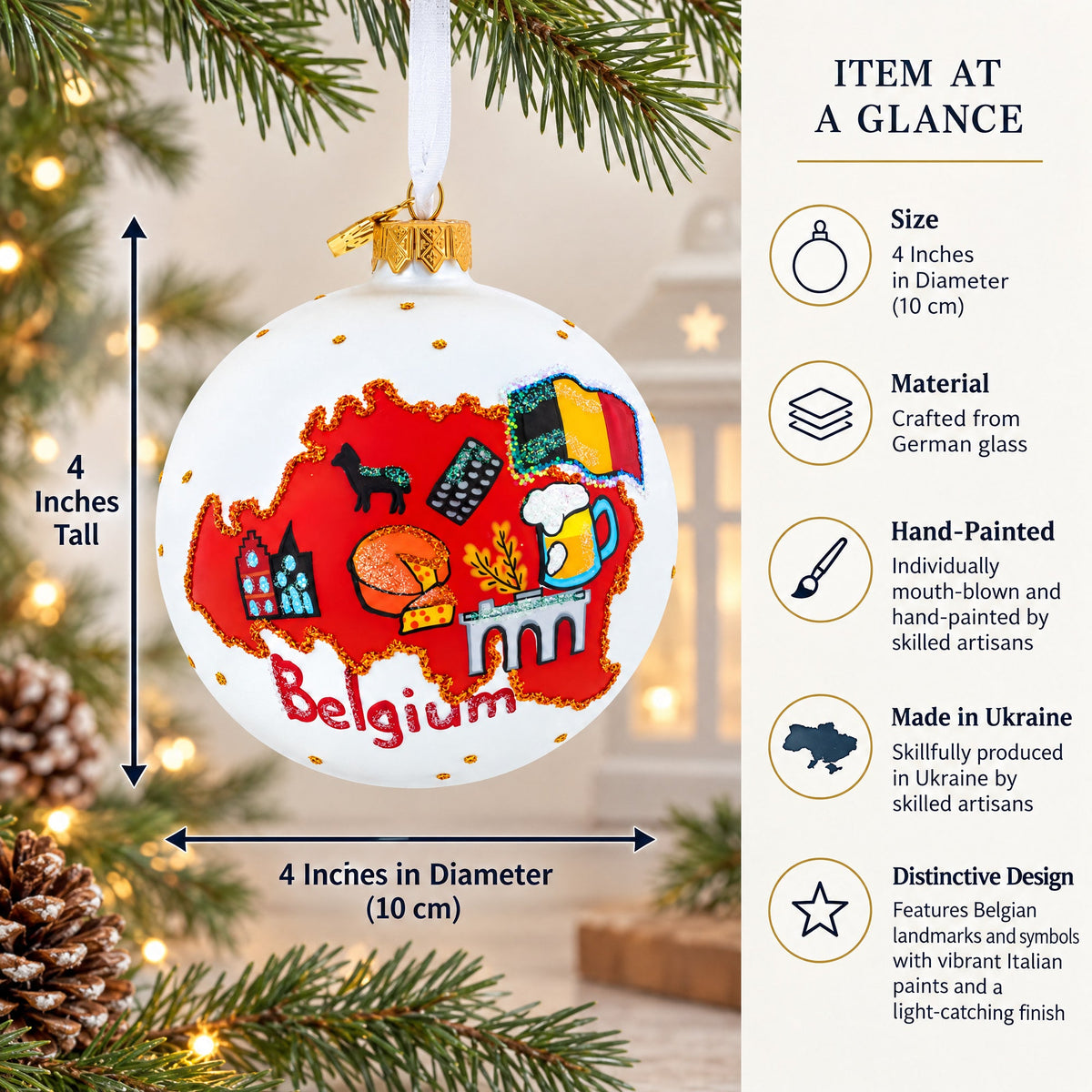 Belgium Landmarks and Symbols Glass Ball Christmas Ornament 4 Inches