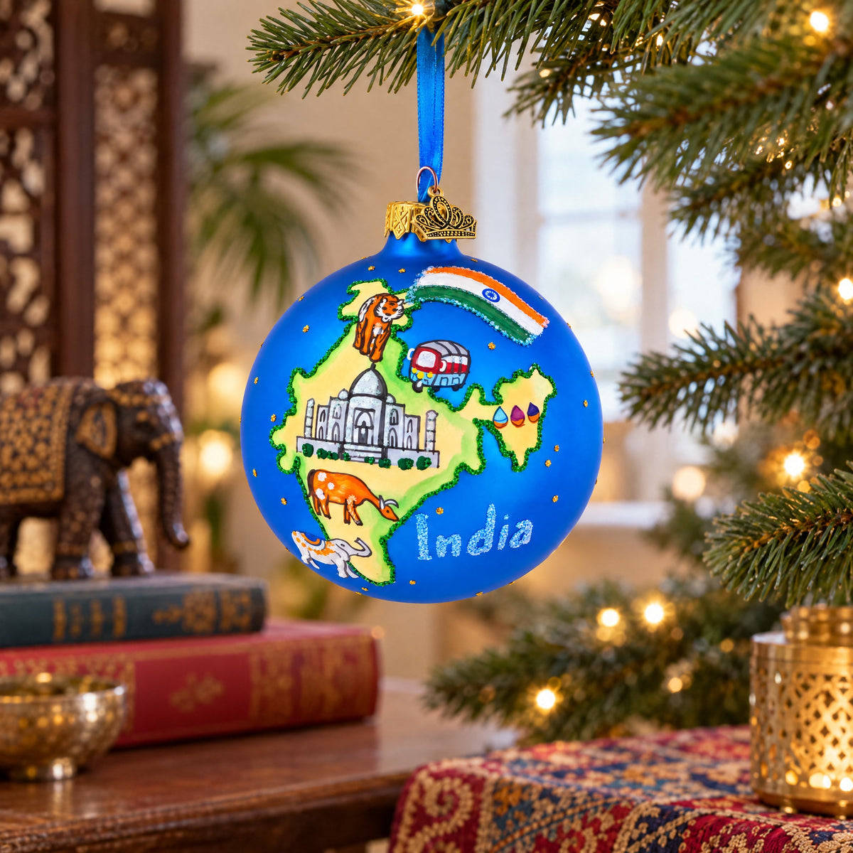 India Landmarks and Symbols Glass Ball Christmas Ornament 4 Inches