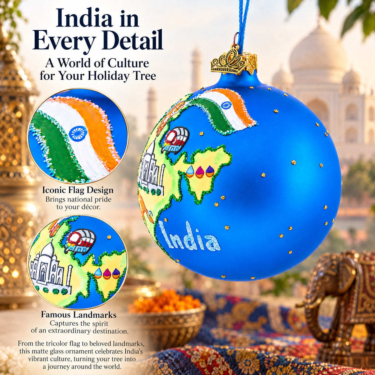 India Landmarks and Symbols Glass Ball Christmas Ornament 4 Inches
