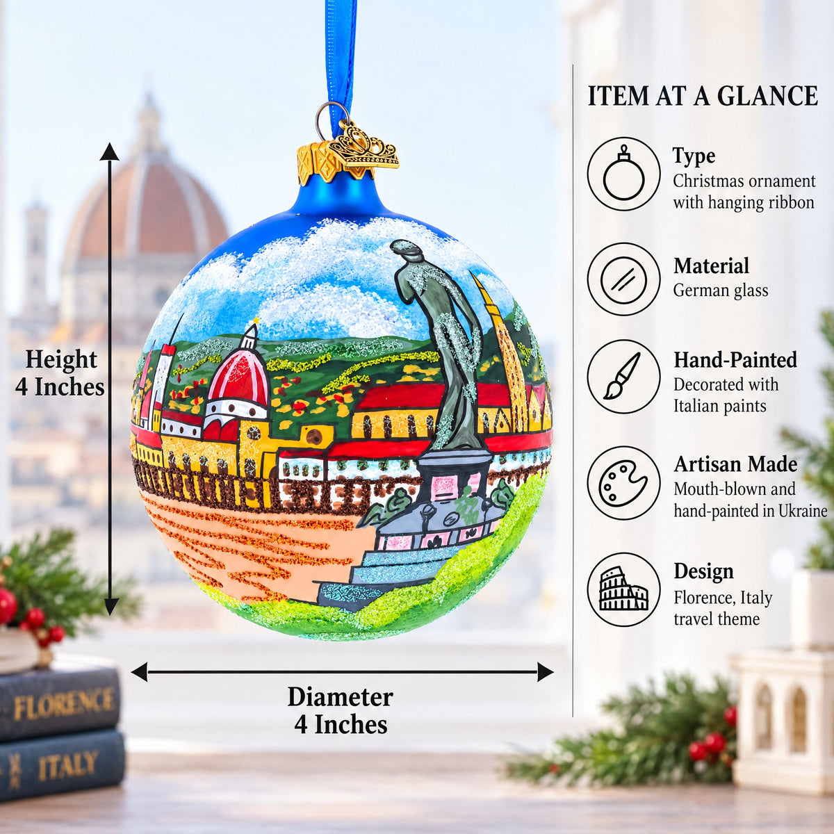 Florence, Italy Glass Ball Christmas Ornament 4 Inches
