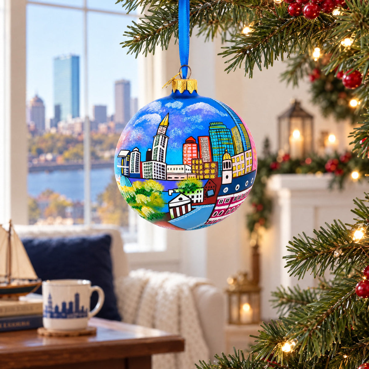 Boston, Massachusetts Glass Ball Christmas Ornament 4 Inches