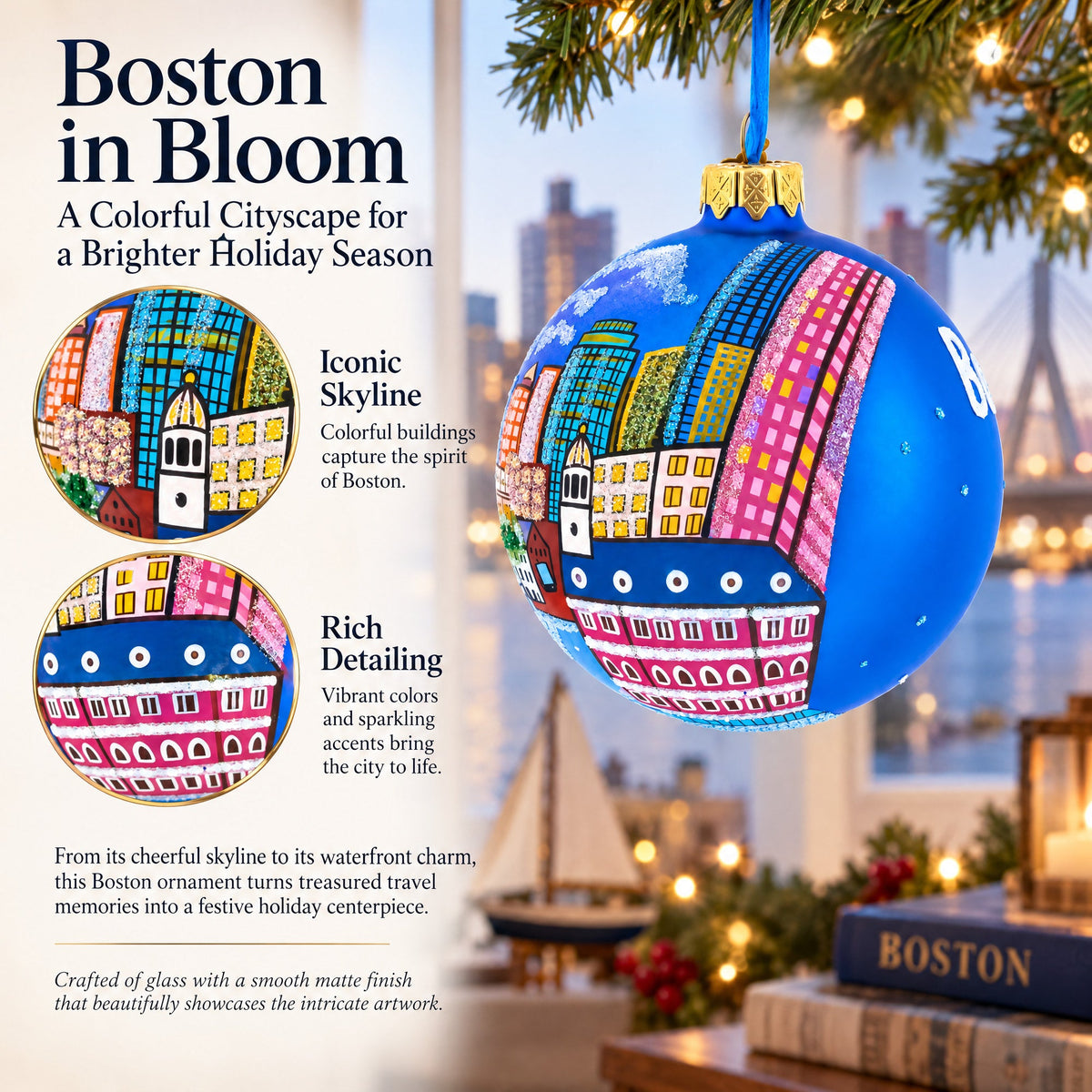 Boston, Massachusetts Glass Ball Christmas Ornament 4 Inches