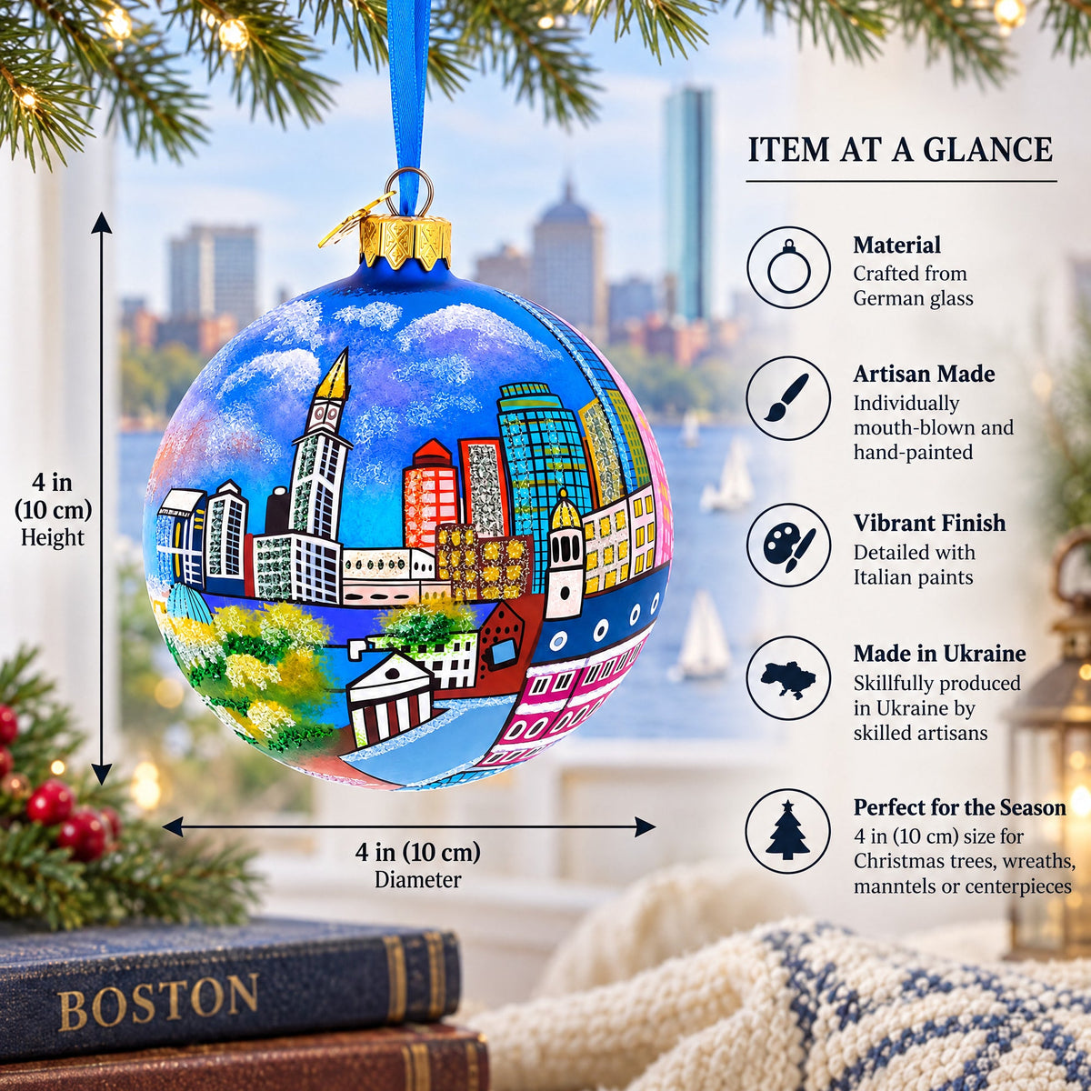 Boston, Massachusetts Glass Ball Christmas Ornament 4 Inches