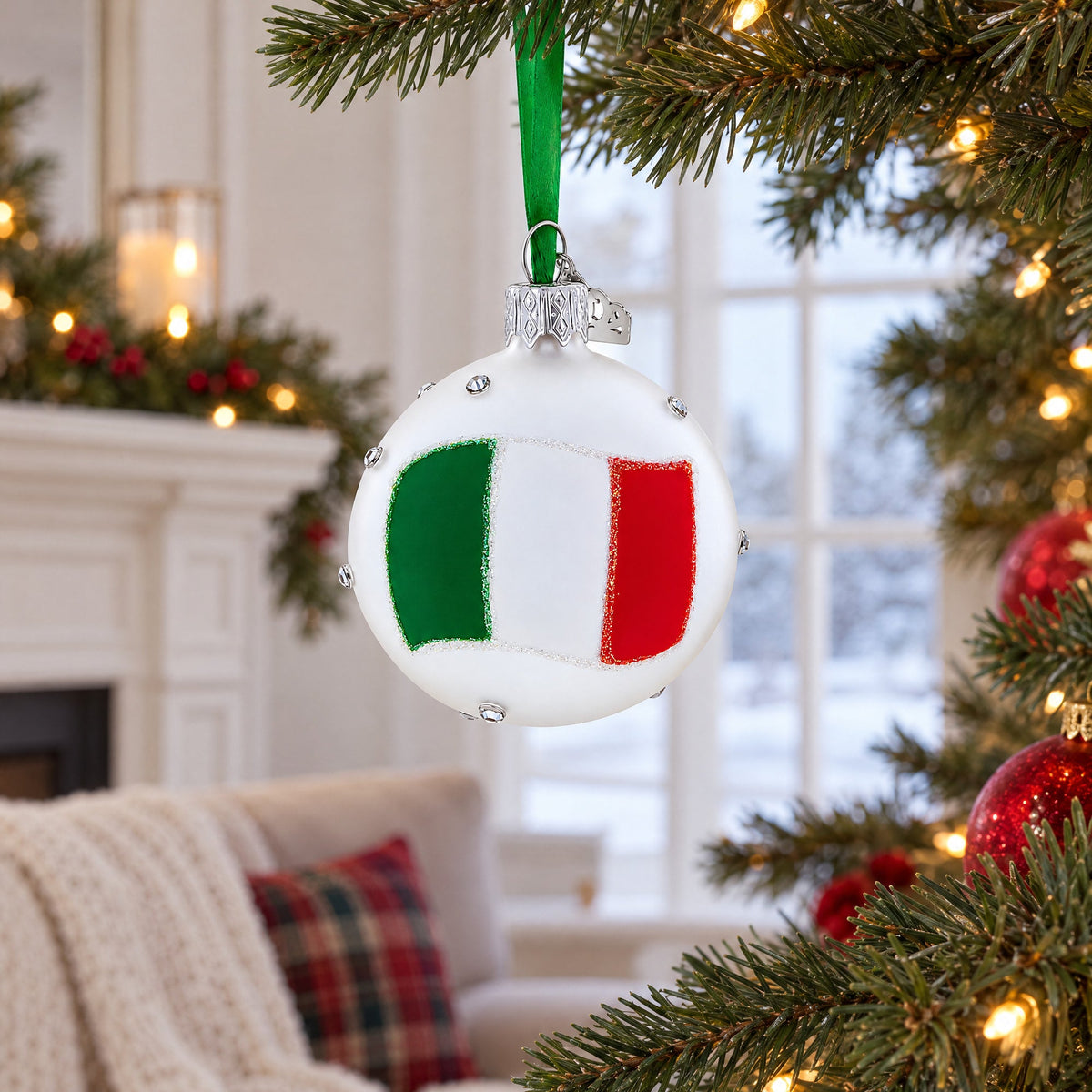 Italian Flag with Crystal Accents on Frosted White Glass Ball Christmas Ornament