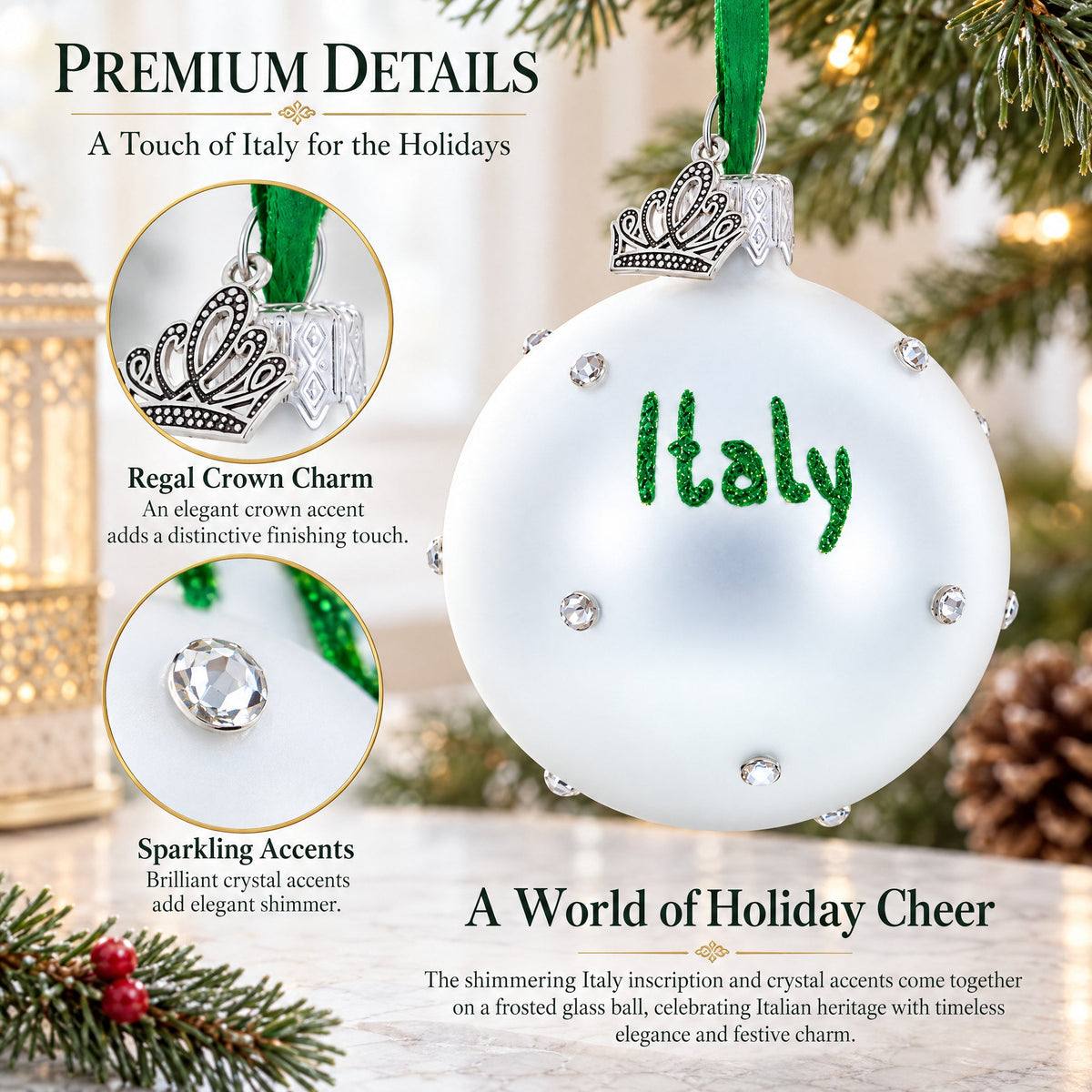 Italian Flag with Crystal Accents on Frosted White Glass Ball Christmas Ornament
