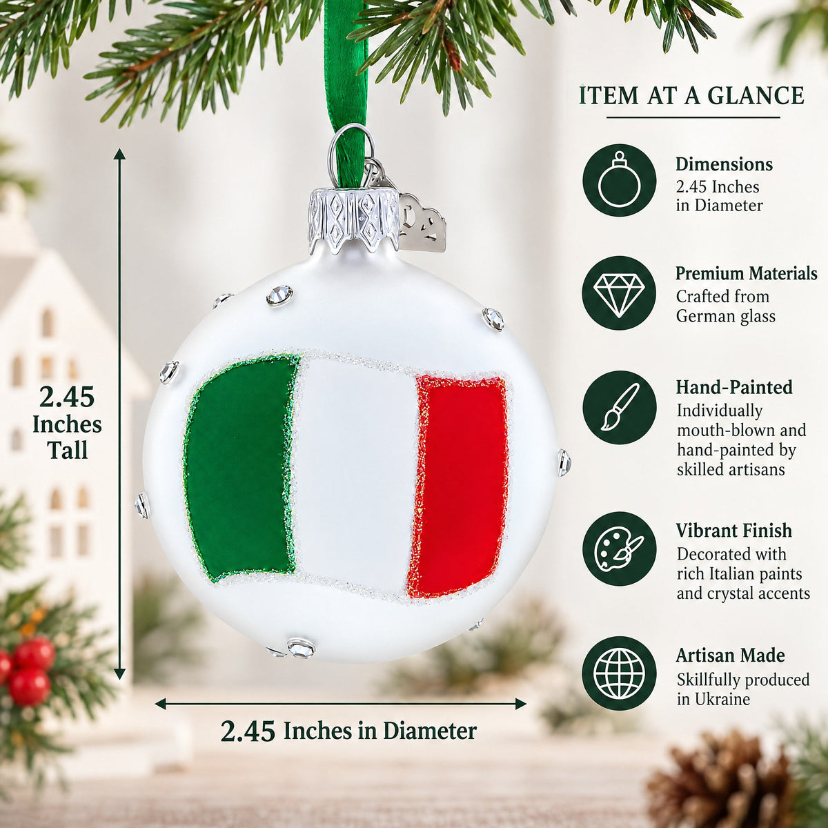 Italian Flag with Crystal Accents on Frosted White Glass Ball Christmas Ornament