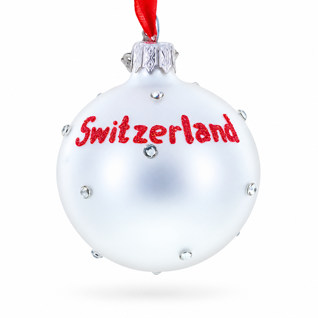 Swiss Flag Crystal Accents on Glass Ball Christmas Ornament
