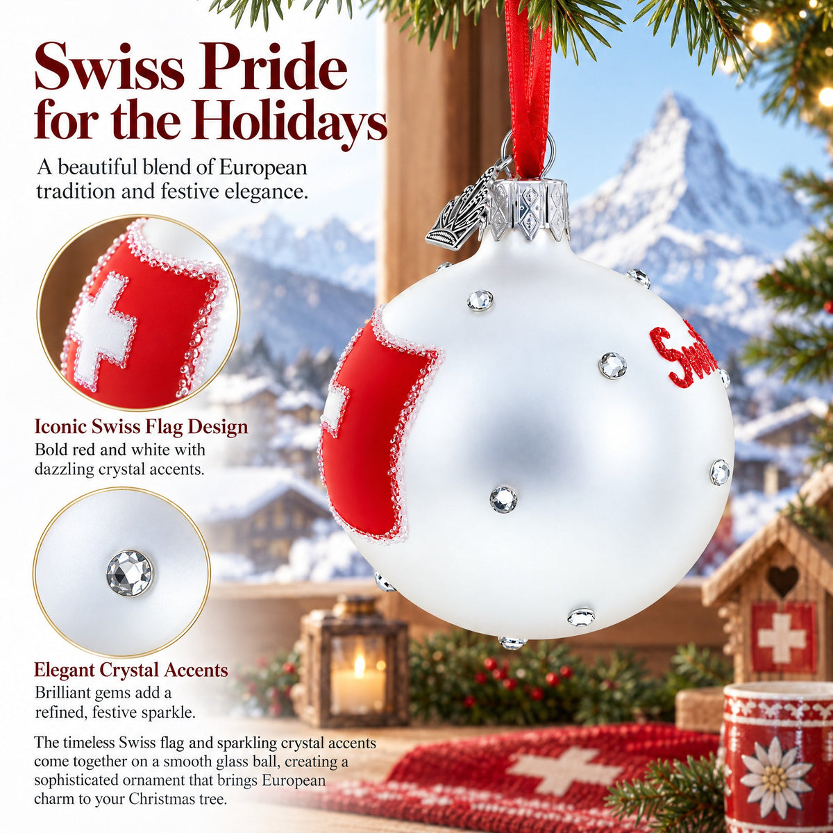 Swiss Flag Crystal Accents on Glass Ball Christmas Ornament